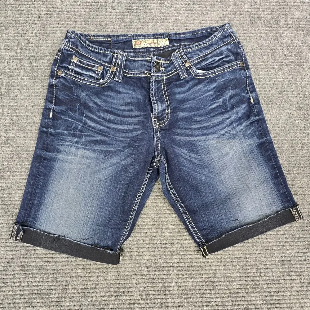 BKE Wendi Womens 26 Dark Wash Denim Bermuda Cutoff Shorts Rhinestone Stretch